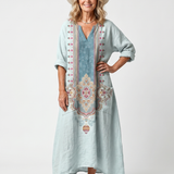 Fredrika — Pale Blue Ornate-Panel Relaxed Midi Dress with Pockets