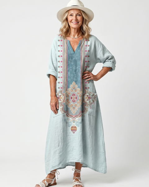 Fredrika — Pale Blue Ornate-Panel Relaxed Midi Dress with Pockets