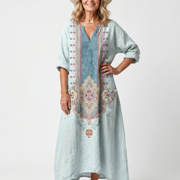 Fredrika — Pale Blue Ornate-Panel Relaxed Midi Dress with Pockets