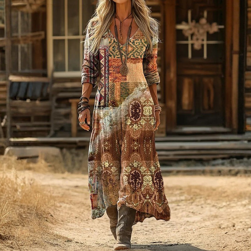 Orianna — Mixed Patchwork-Print Boho Maxi Dress