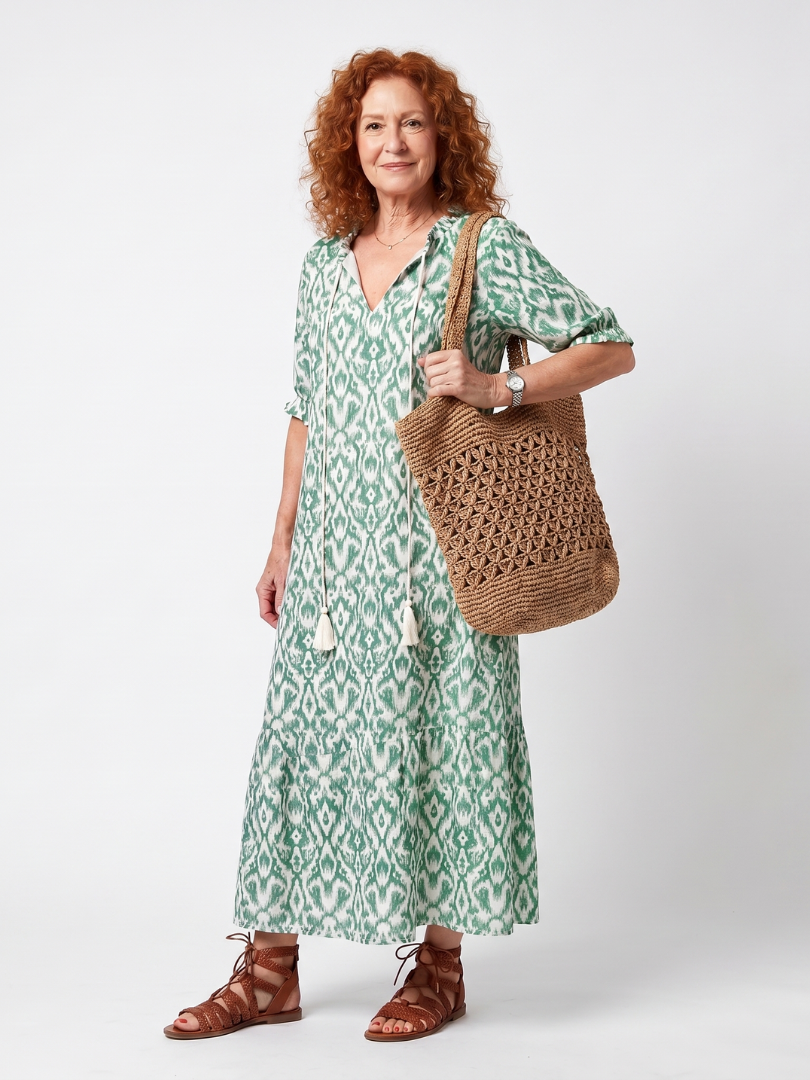 Petronel — Sage Green Ikat-Print Tassel-Tie Maxi Dress with Tiered Skirt