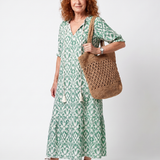 Petronel — Sage Green Ikat-Print Tassel-Tie Maxi Dress with Tiered Skirt