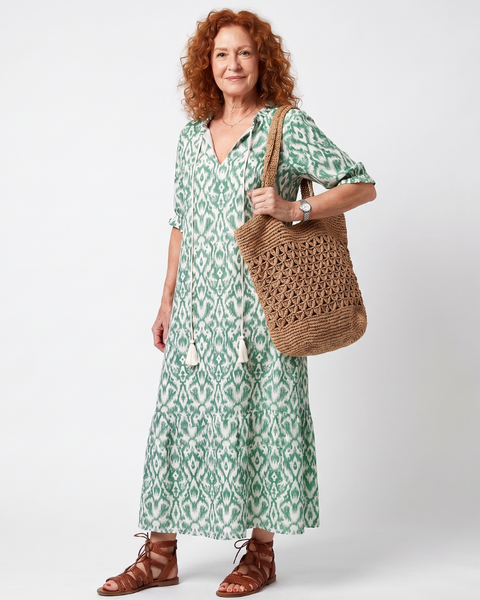 Petronel — Sage Green Ikat-Print Tassel-Tie Maxi Dress with Tiered Skirt