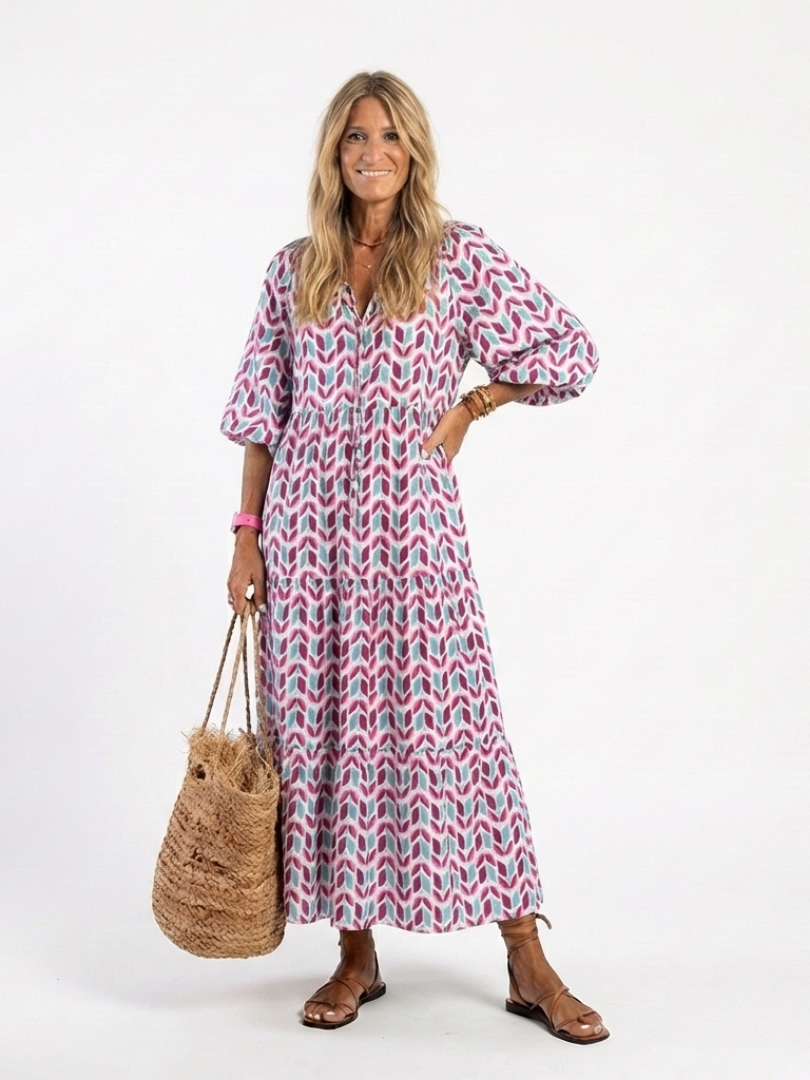 Leofrun — Lilac Chevron-Print Tiered Maxi Dress with Balloon Sleeves