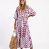 Leofrun — Lilac Chevron-Print Tiered Maxi Dress with Balloon Sleeves