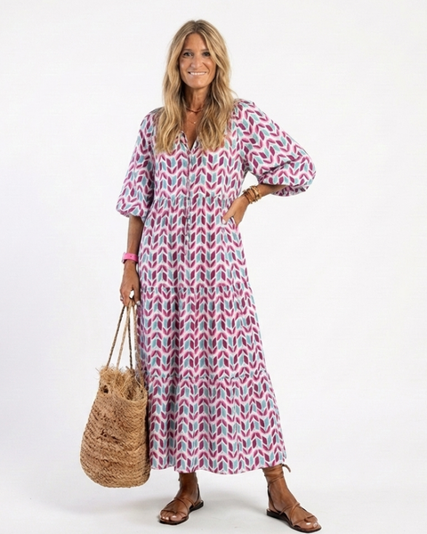 Leofrun — Lilac Chevron-Print Tiered Maxi Dress with Balloon Sleeves