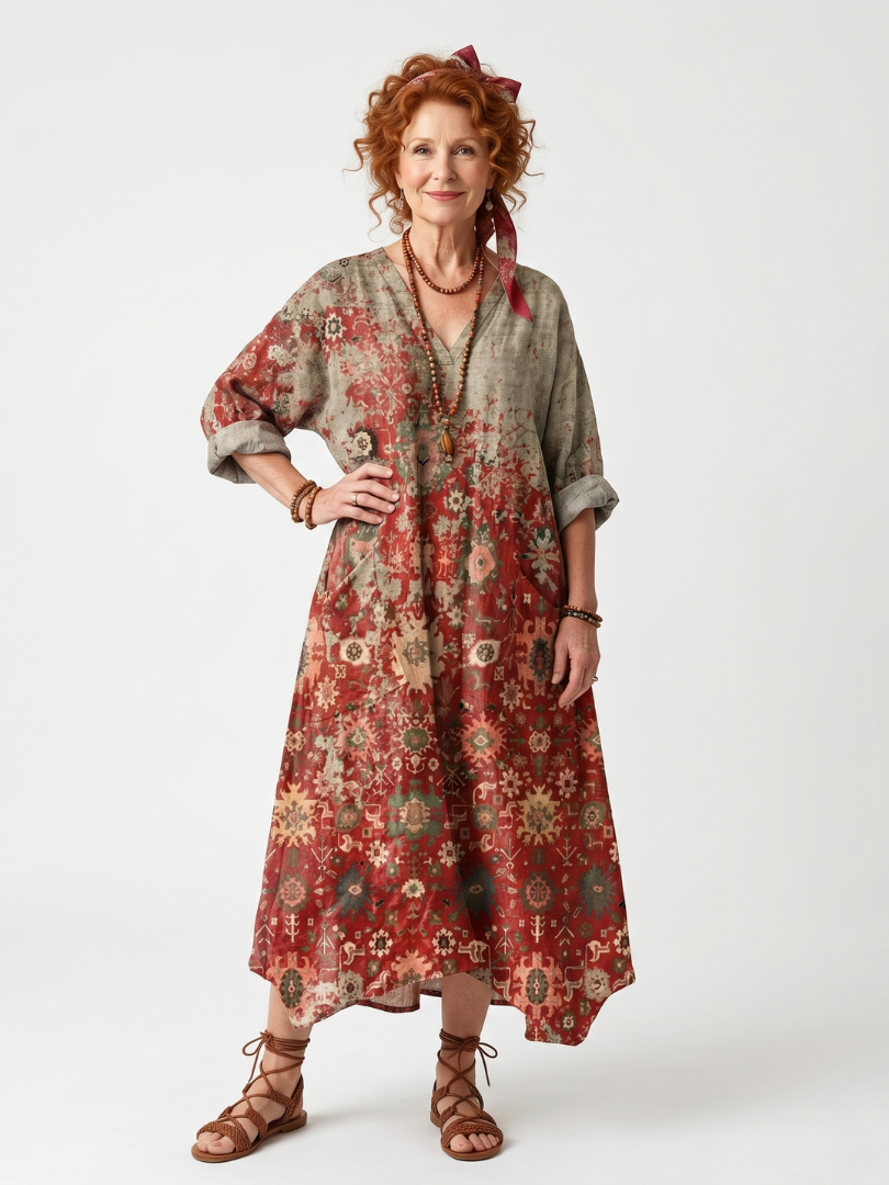 Roswitha — Rust Floral Mixed-Pattern Relaxed Midi Dress with Pockets