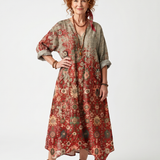 Roswitha — Rust Floral Mixed-Pattern Relaxed Midi Dress with Pockets