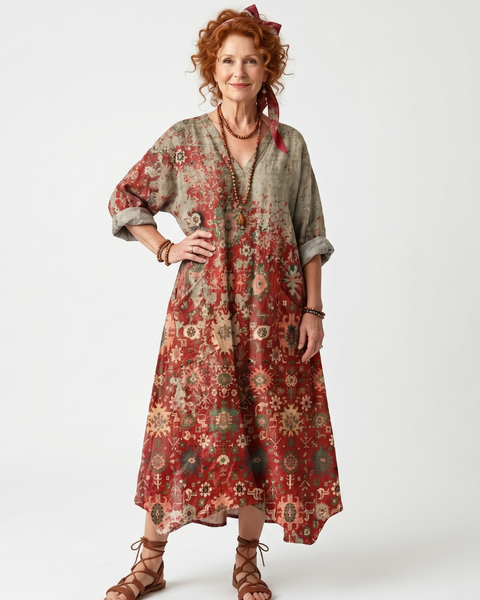 Roswitha — Rust Floral Mixed-Pattern Relaxed Midi Dress with Pockets