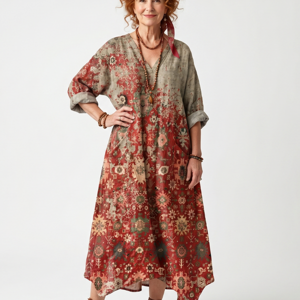Roswitha — Rust Floral Mixed-Pattern Relaxed Midi Dress with Pockets