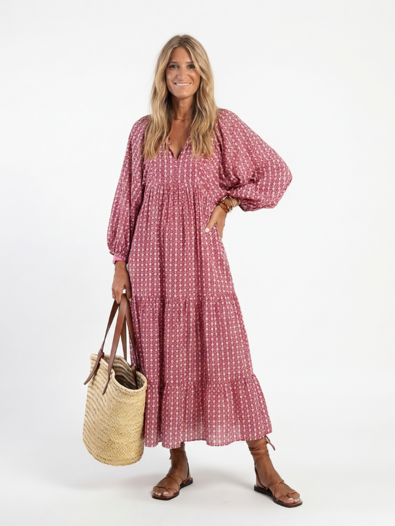 Ferelith — Raspberry Geometric-Print Tiered Maxi Dress with Balloon Sleeves