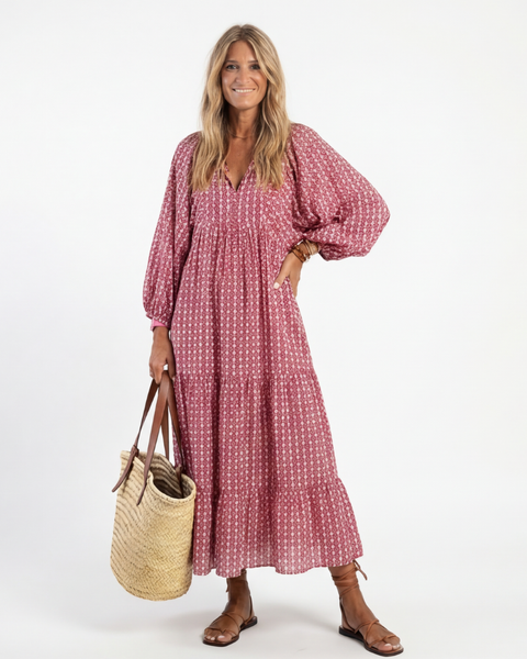 Ferelith — Raspberry Geometric-Print Tiered Maxi Dress with Balloon Sleeves