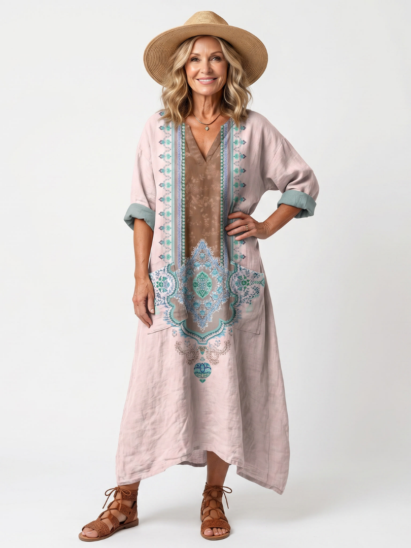 Dorit — Blush Pink Embroidered-Panel Relaxed Midi Dress with Pockets