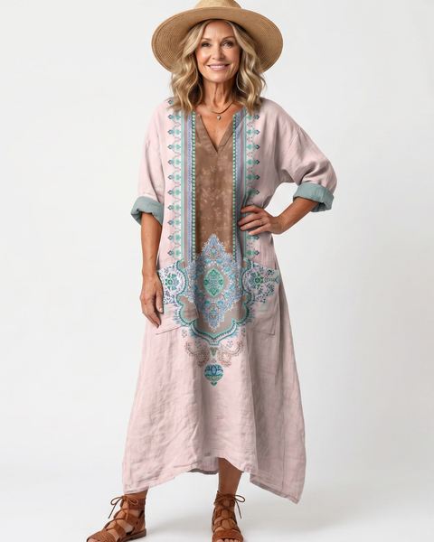 Dorit — Blush Pink Embroidered-Panel Relaxed Midi Dress with Pockets