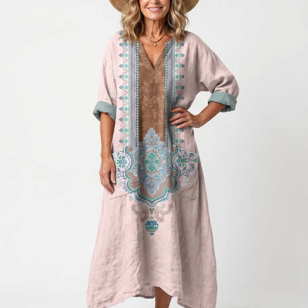 Dorit — Blush Pink Embroidered-Panel Relaxed Midi Dress with Pockets