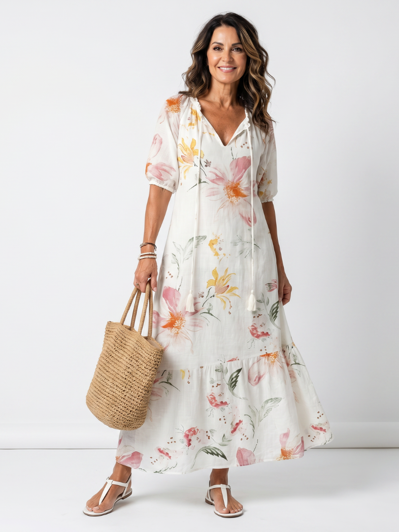 Merewyn — Ivory Soft Floral Tiered Maxi Dress with Tassel Ties