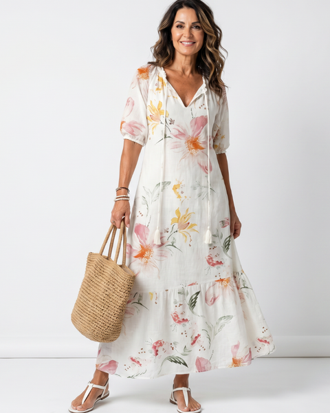 Merewyn — Ivory Soft Floral Tiered Maxi Dress with Tassel Ties