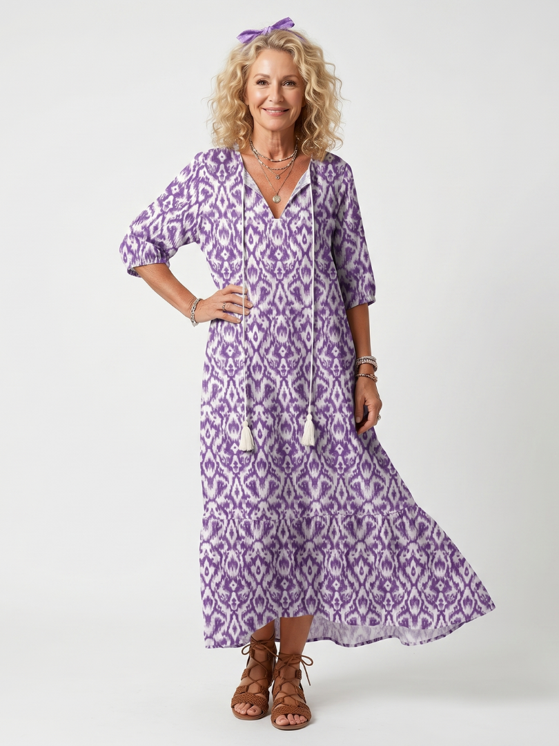 Orlaith — Purple Ikat-Print Tassel-Tie Maxi Dress with Tiered Skirt