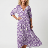 Orlaith — Purple Ikat-Print Tassel-Tie Maxi Dress with Tiered Skirt