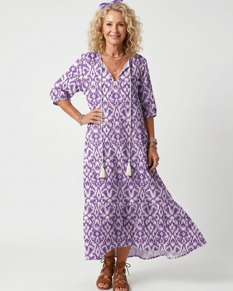Orlaith — Purple Ikat-Print Tassel-Tie Maxi Dress with Tiered Skirt
