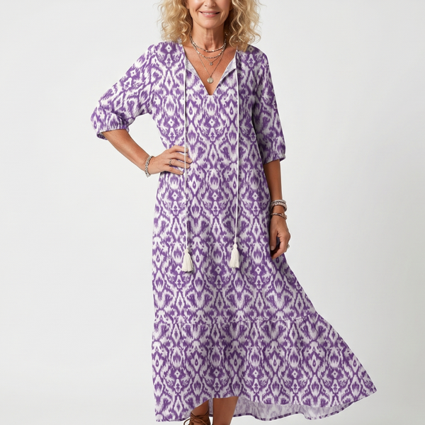 Orlaith — Purple Ikat-Print Tassel-Tie Maxi Dress with Tiered Skirt