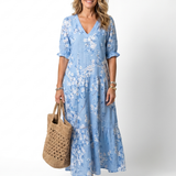 Jarmila — Blue Floral Tiered Maxi Dress with Tassel Ties and Short Sleeves