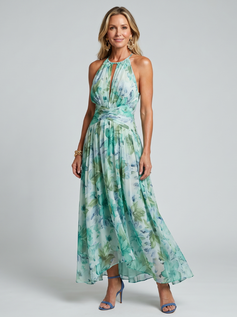 Dafne — Turquoise Floral Pleated Halter Midi Dress with Keyhole Neckline