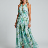 Dafne — Turquoise Floral Pleated Halter Midi Dress with Keyhole Neckline