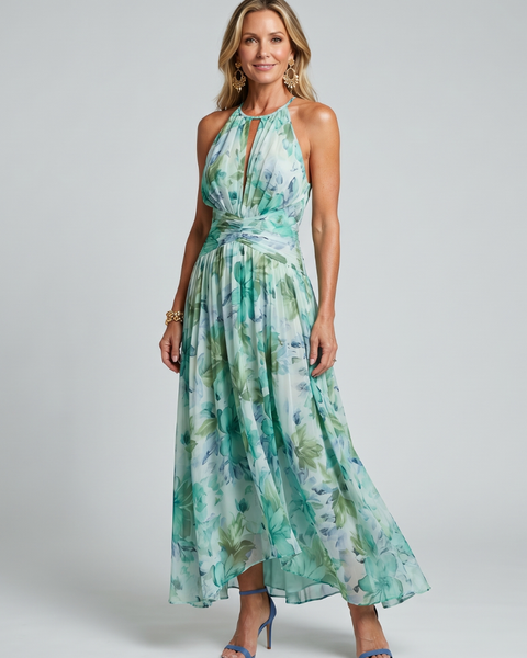 Dafne — Turquoise Floral Pleated Halter Midi Dress with Keyhole Neckline