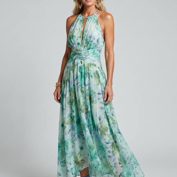 Dafne — Turquoise Floral Pleated Halter Midi Dress with Keyhole Neckline