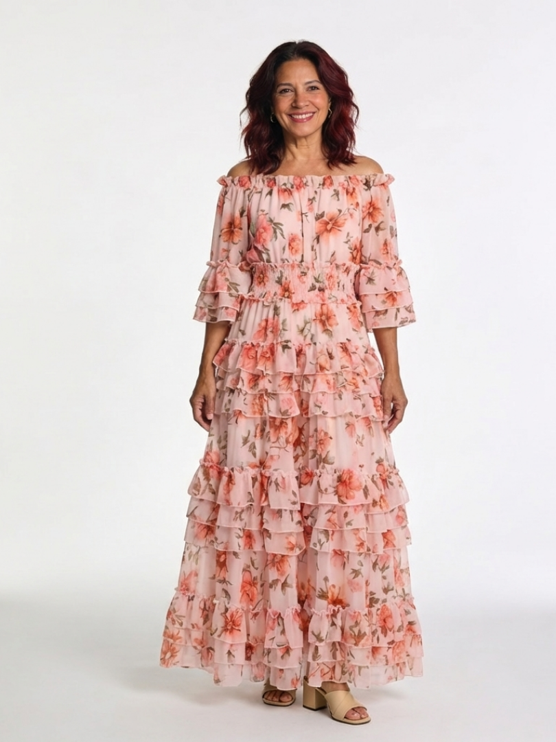 Cynwen — Peach Floral Off-Shoulder Tiered Maxi Dress with Ruffle Hem