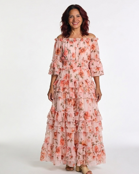Cynwen — Peach Floral Off-Shoulder Tiered Maxi Dress with Ruffle Hem