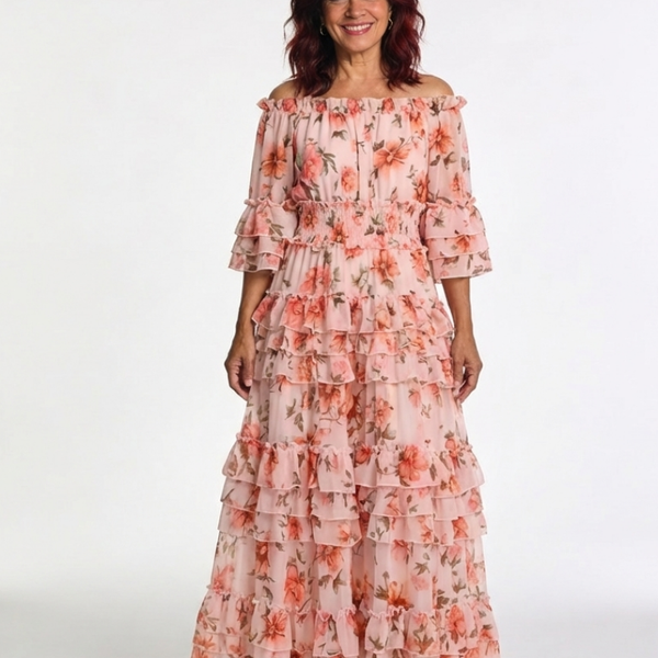 Cynwen — Peach Floral Off-Shoulder Tiered Maxi Dress with Ruffle Hem