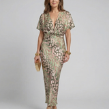 Esyllt — Green Leopard-Print V-Neck Midi Dress with Twist Waist