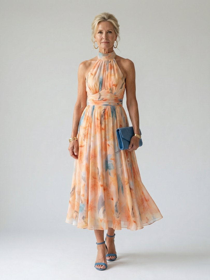 Elgiva — Apricot Watercolour Halter Midi Dress with Gathered Bodice