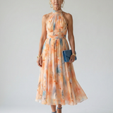 Elgiva — Apricot Watercolour Halter Midi Dress with Gathered Bodice