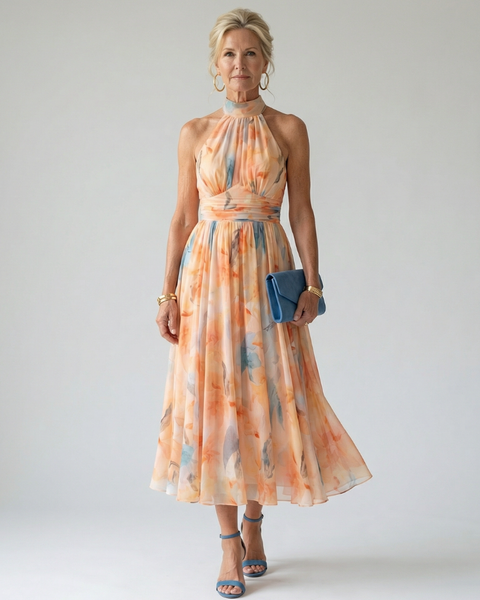 Elgiva — Apricot Watercolour Halter Midi Dress with Gathered Bodice