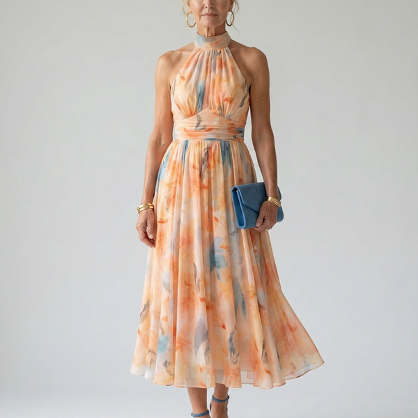 Elgiva — Apricot Watercolour Halter Midi Dress with Gathered Bodice