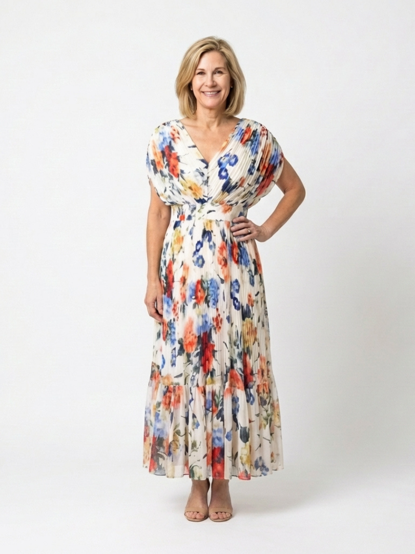 Radka — Multicolour Floral V-Neck Midi Dress with Flutter Sleeves