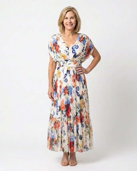 Radka — Multicolour Floral V-Neck Midi Dress with Flutter Sleeves