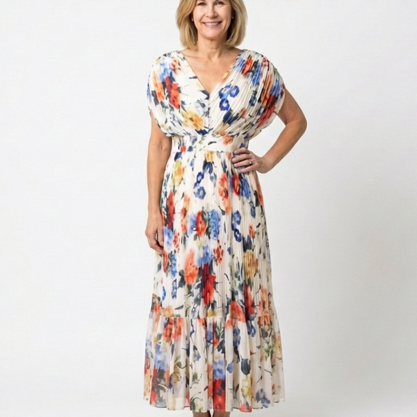 Radka — Multicolour Floral V-Neck Midi Dress with Flutter Sleeves