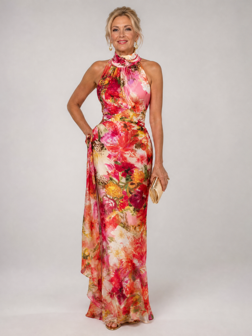 Gioconda — Red and Pink Floral Halter Maxi Dress with Gathered Bodice