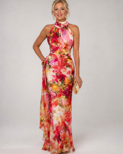 Gioconda — Red and Pink Floral Halter Maxi Dress with Gathered Bodice