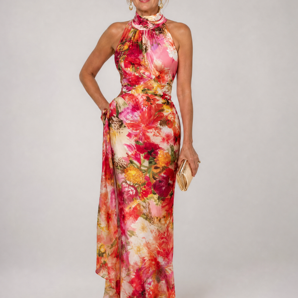 Gioconda — Red and Pink Floral Halter Maxi Dress with Gathered Bodice