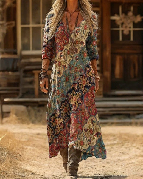 Ludmila — Red and Rust Patchwork-Print Boho Maxi Dress