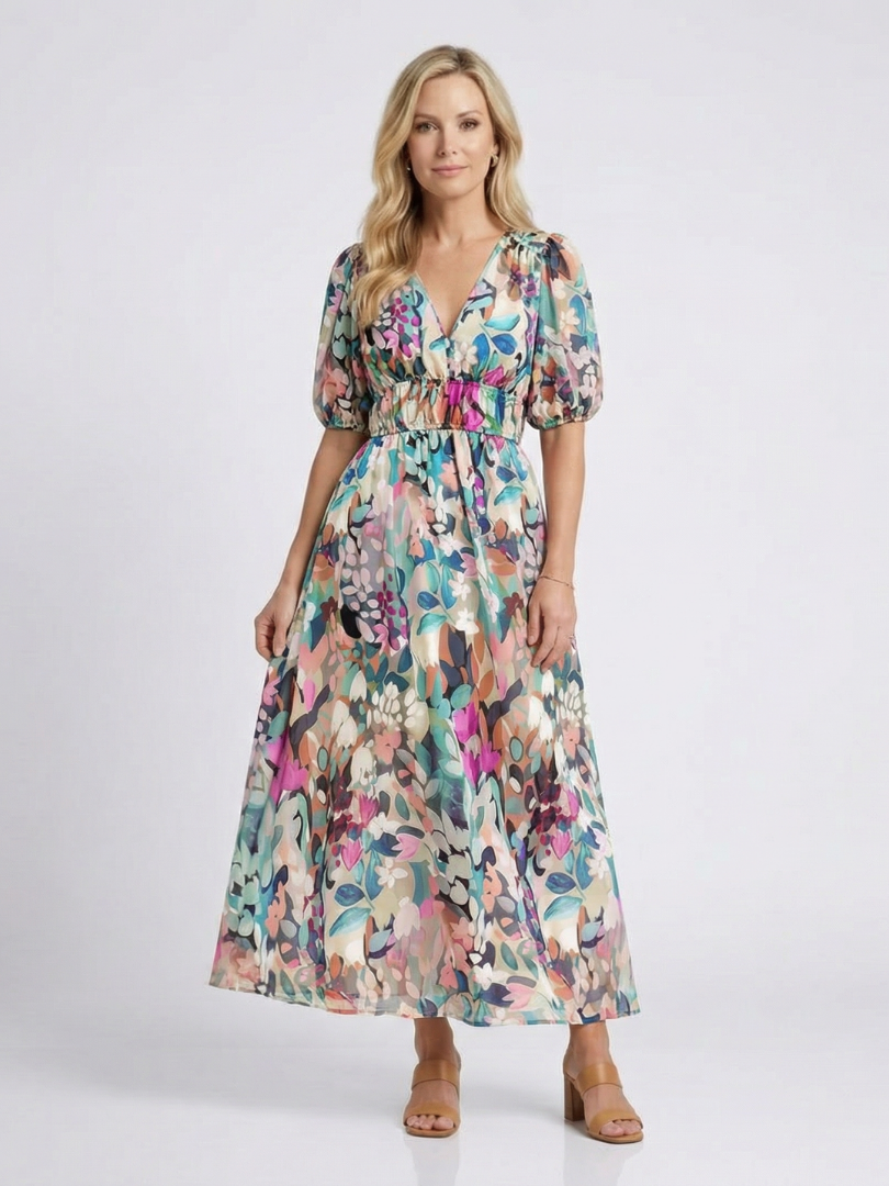 Amalberga — Multicolour Floral V-Neck Midi Dress with Puff Sleeves and Gathered Waist