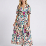 Amalberga — Multicolour Floral V-Neck Midi Dress with Puff Sleeves and Gathered Waist