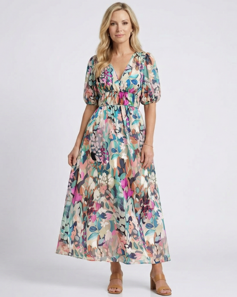 Amalberga — Multicolour Floral V-Neck Midi Dress with Puff Sleeves and Gathered Waist
