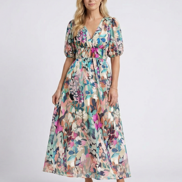 Amalberga — Multicolour Floral V-Neck Midi Dress with Puff Sleeves and Gathered Waist