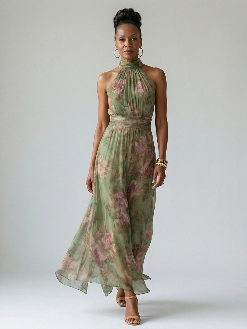 Abelone — Sage Green Floral Halter Midi Dress with Gathered Waist
